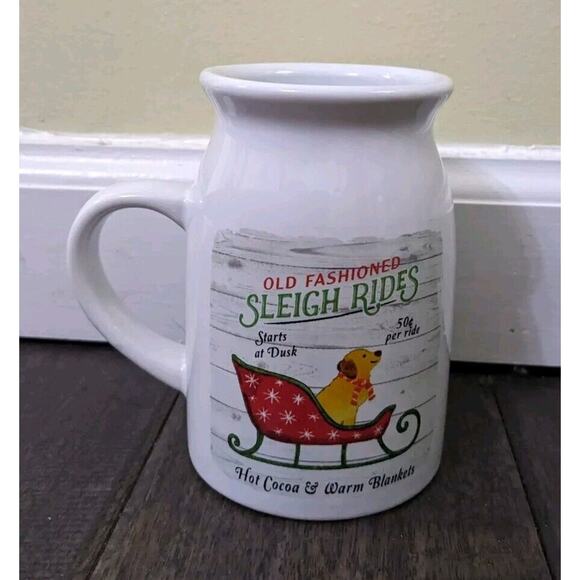 Old Fashioned Sleigh Rides Christmas Milk Jug Mug Cup Dog Sleigh Hot Cocoa New - Picture 1 of 4
